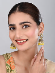 Gold plated Kundan & Meenakari Jhumka Earrings - Yellow