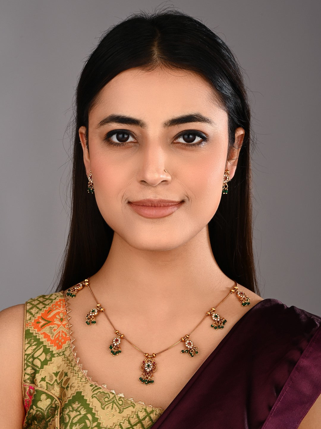 Ruby Emerald Filigree Necklace Earrings Set