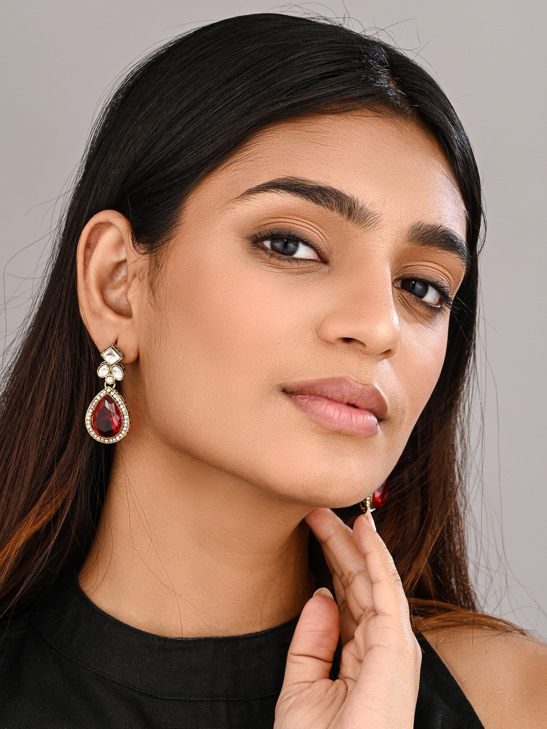 Gold-Toned Teardrop Kundan Crystal Drop Earrings for Women Pink