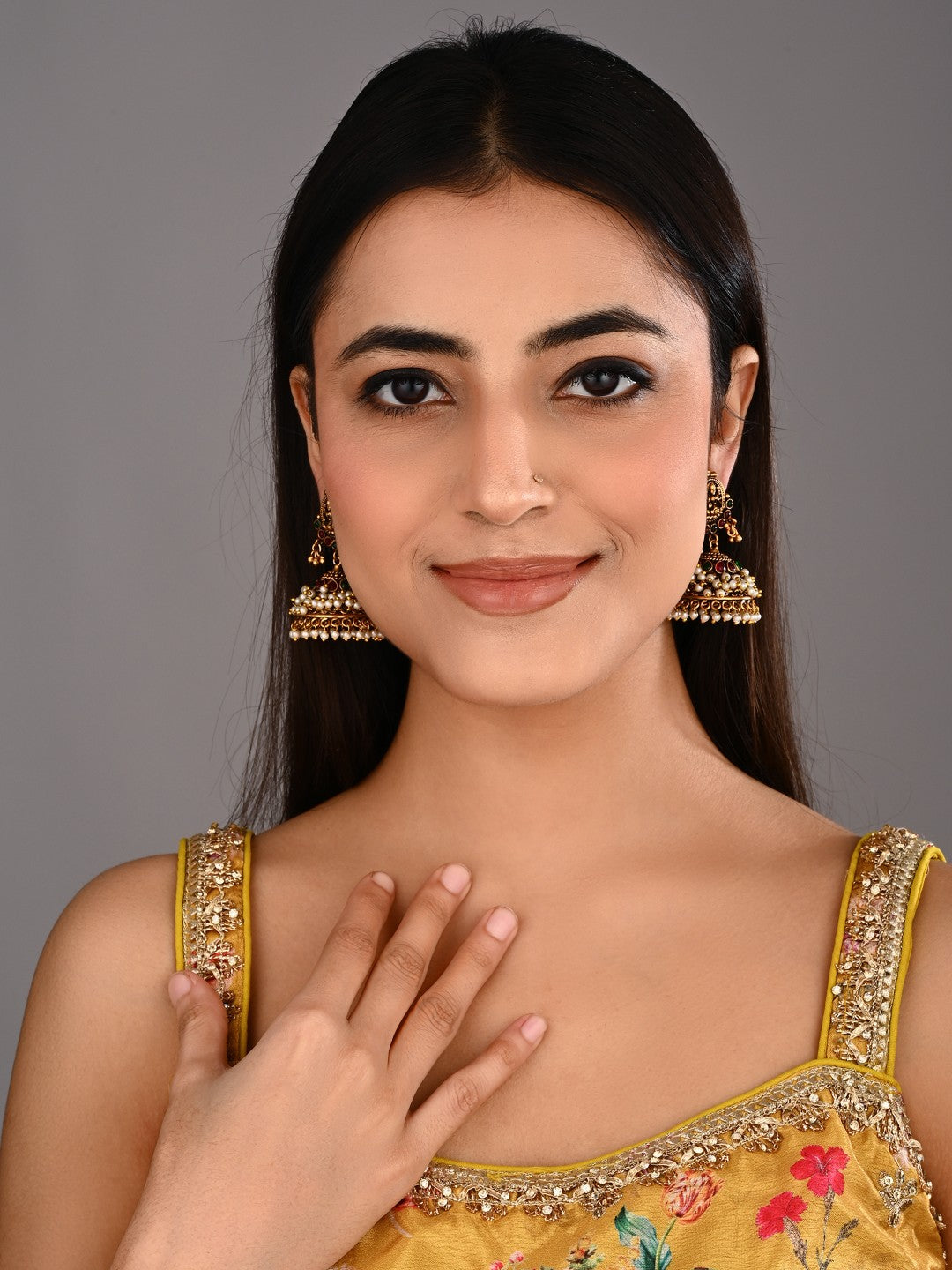 Gold Plated Red & green stone Jhumka Earring