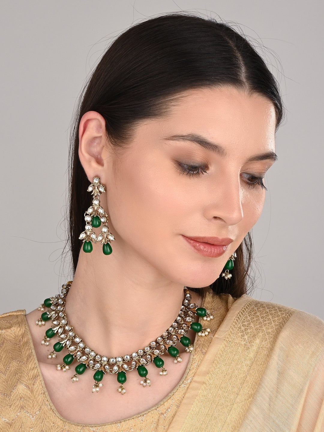 Kundan Necklace set  with Green pearl drops