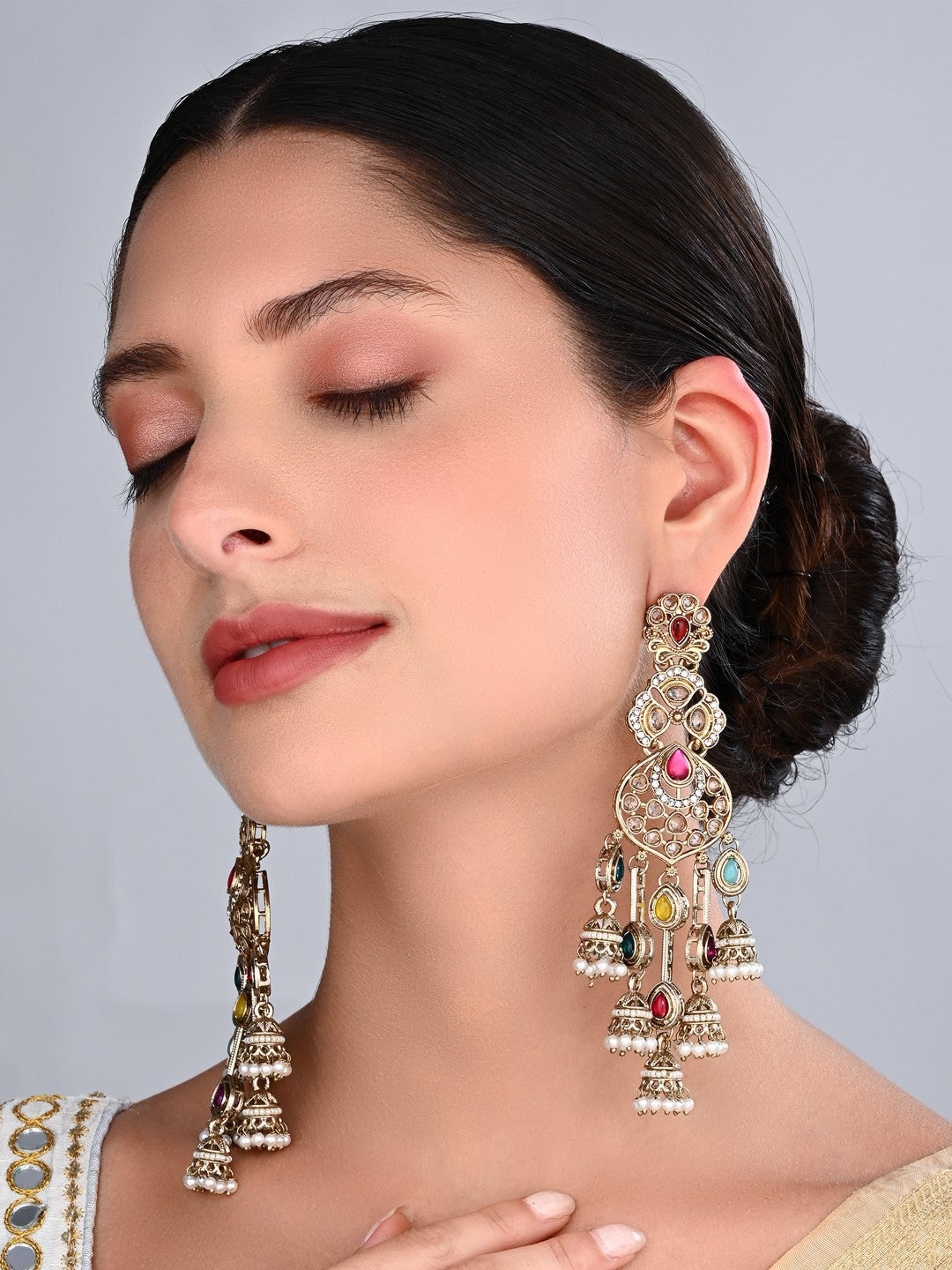 Gold-Toned Multicolour Kundan Chandelier Earrings