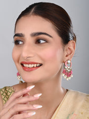 Gold-Plated Meenakari Stud Earrings with Kundan & Pearl Cluster drops - Pink