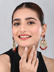 Gold-Plated Meenakari Chandbali Earrings with Kundan & Pearl Drops - Red