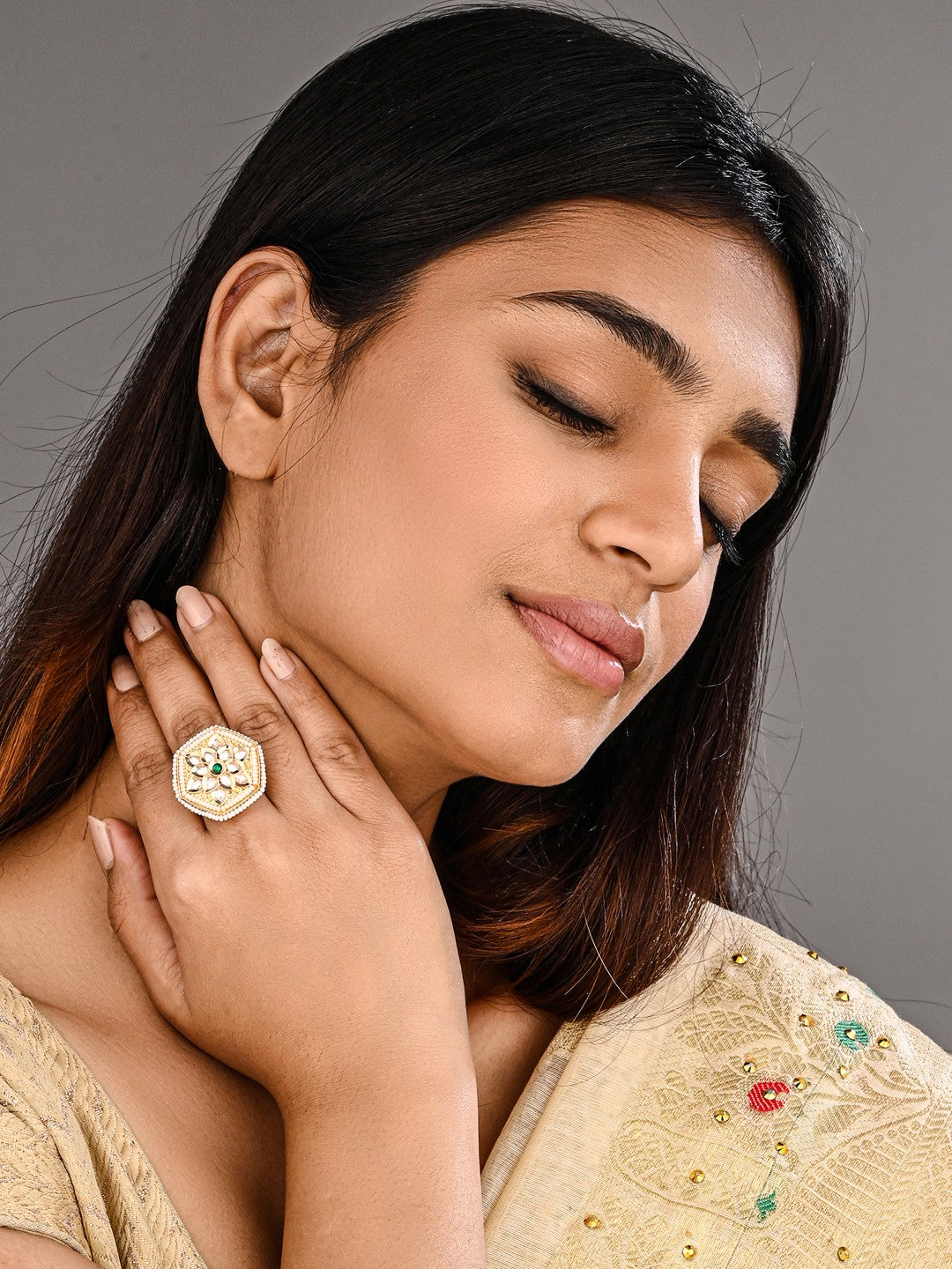 Hexagon Floral Kundan Pearl Brass Ring
