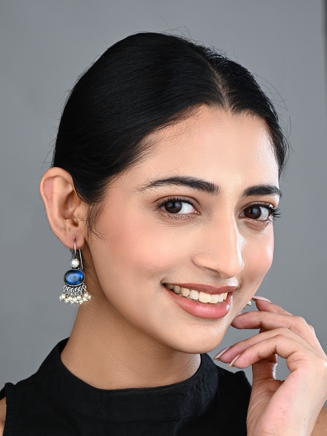 Navy Blue Stone Pearl Fringe Drop Earrings