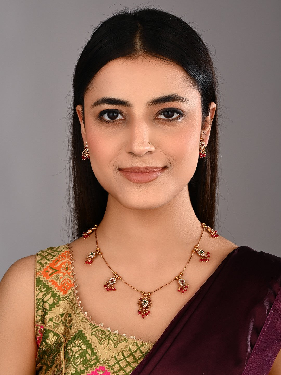 Ruby Emerald Filigree Necklace Earrings Set