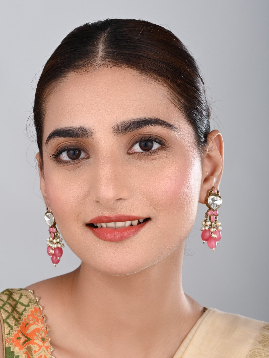 Gold plated Kundan & Pearl drop Earrings- Pink