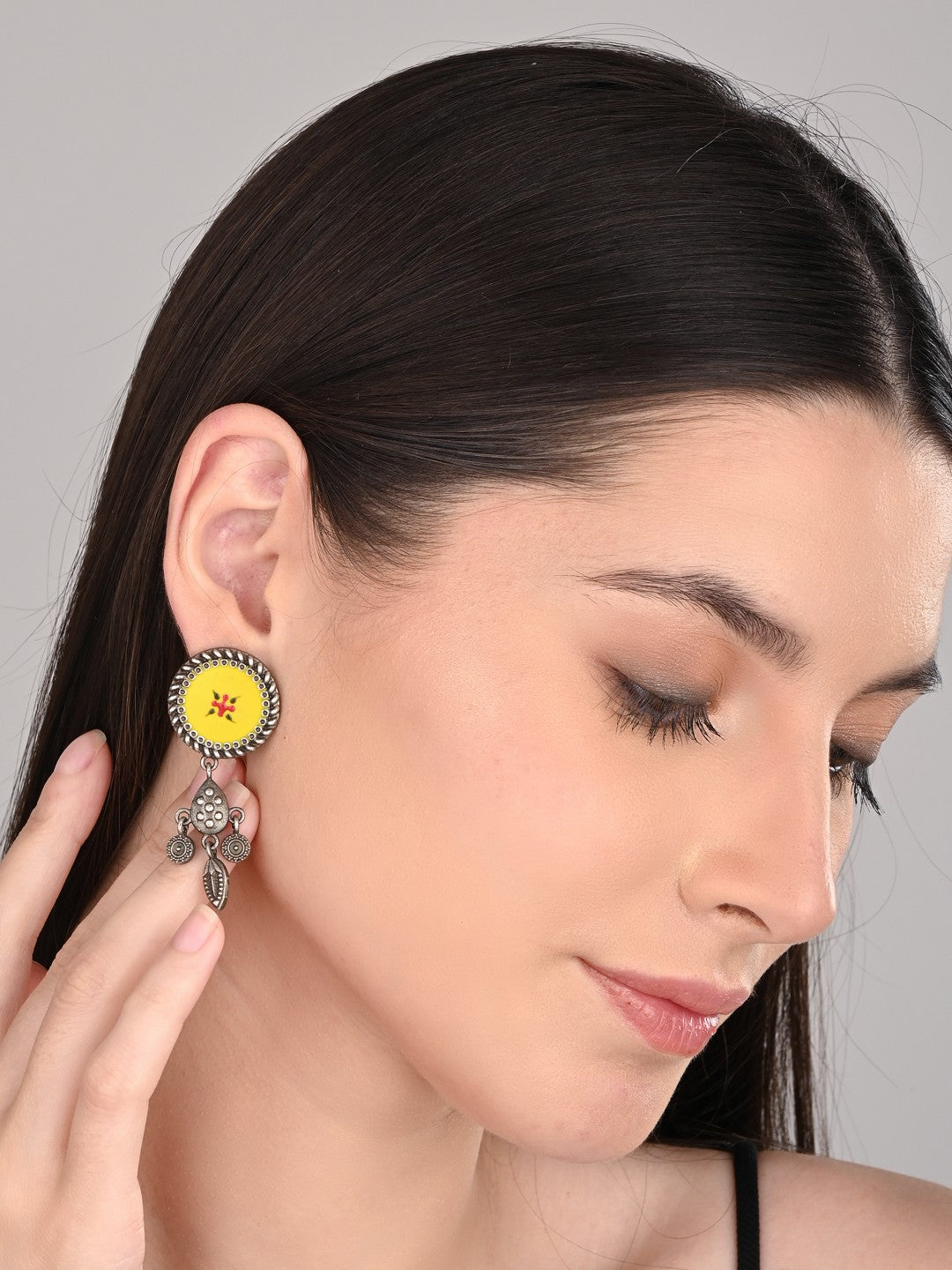Hand-Painted Circular drop earrings Yellow
