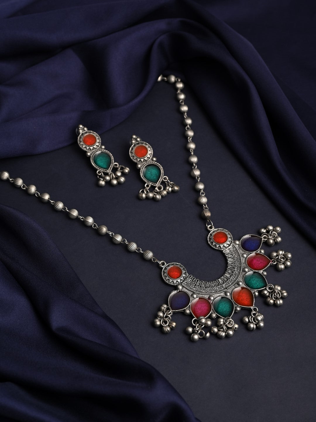 Silver Oxydised finish Crescent Pendant necklace set