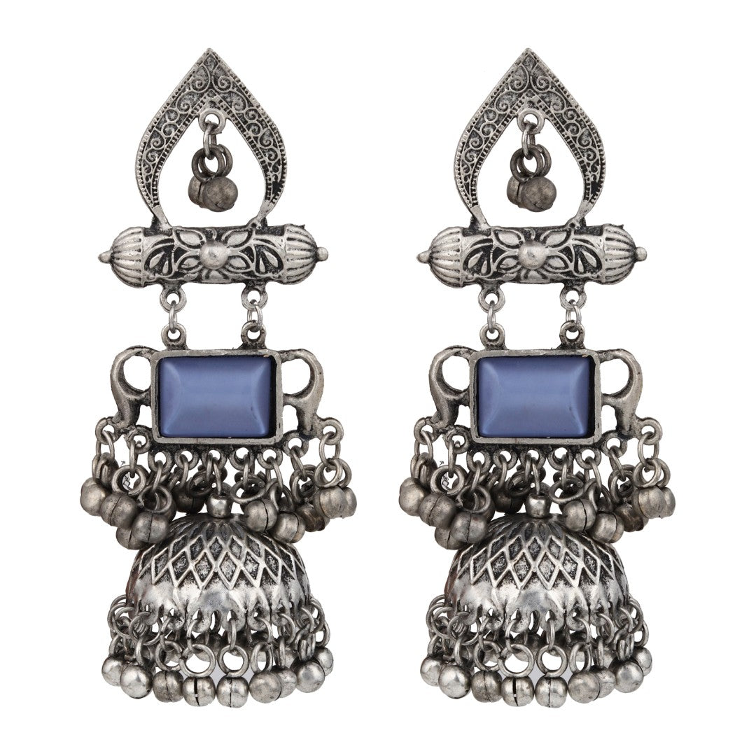 Silver oxydised lightweight long Jhumka with Blue  Stone
