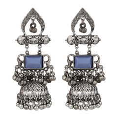 Silver oxydised lightweight long Jhumka with Blue  Stone