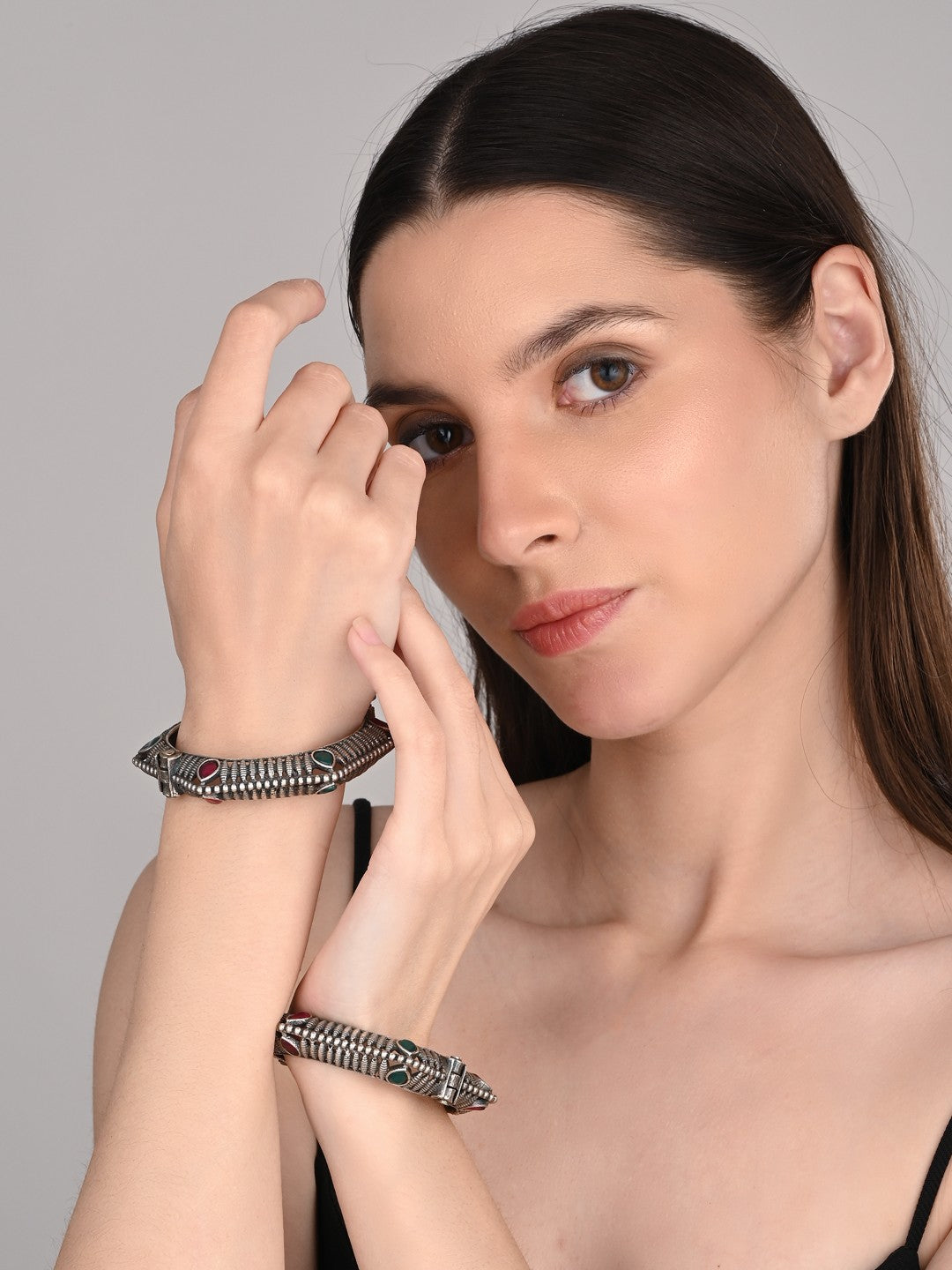 Hexagonal Oxidized Bangle with Red-Green Stones