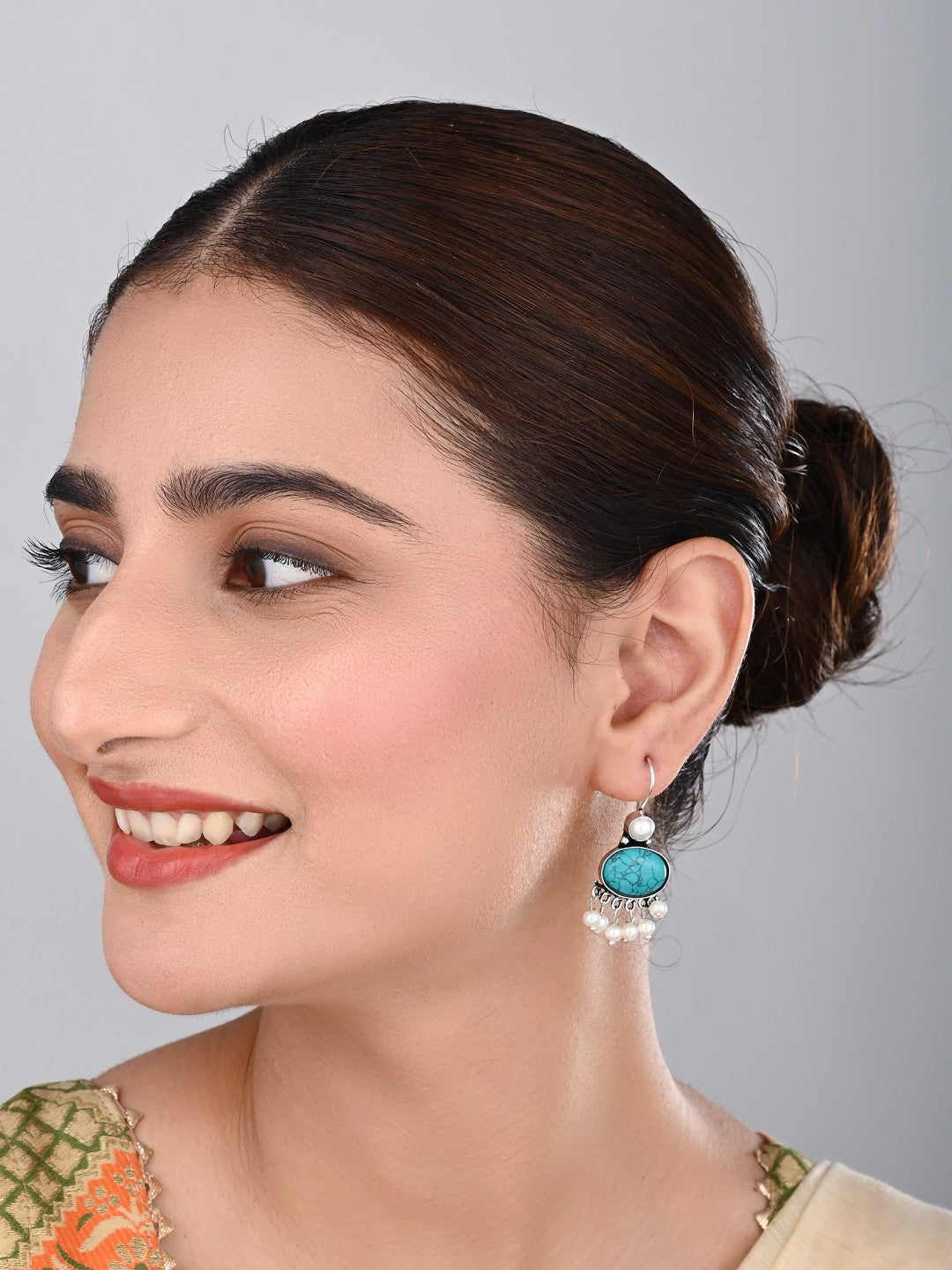 Turquoise Stone Pearl Fringe Drop Earrings