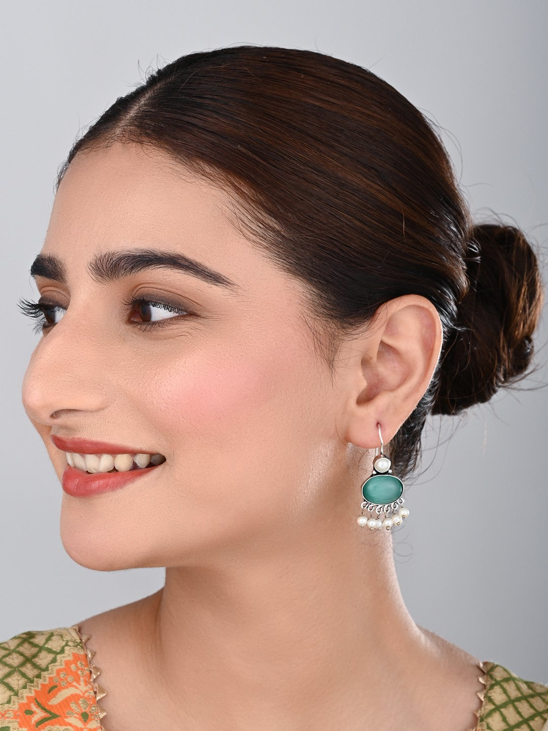 Sage green Stone Pearl Fringe Drop Earrings