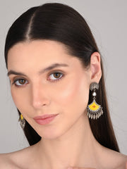 Silver Oxidised finish yellow hand painted drop earring