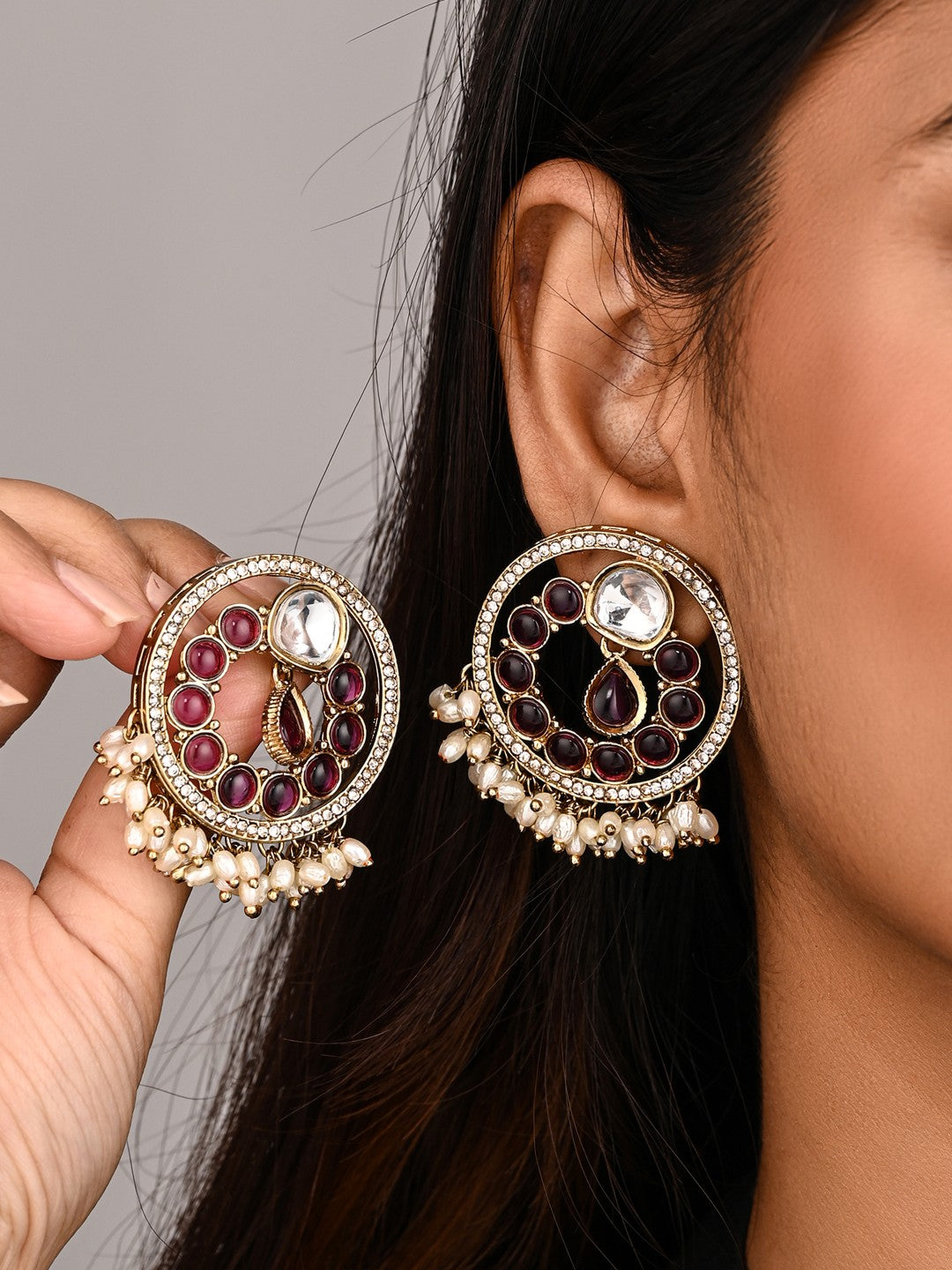 Regal Kundan Pearl Chandbali Earrings - Wine