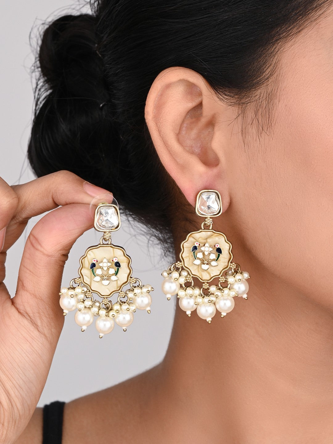Contemporary kundan, MOP & Meenakari Drop Earring