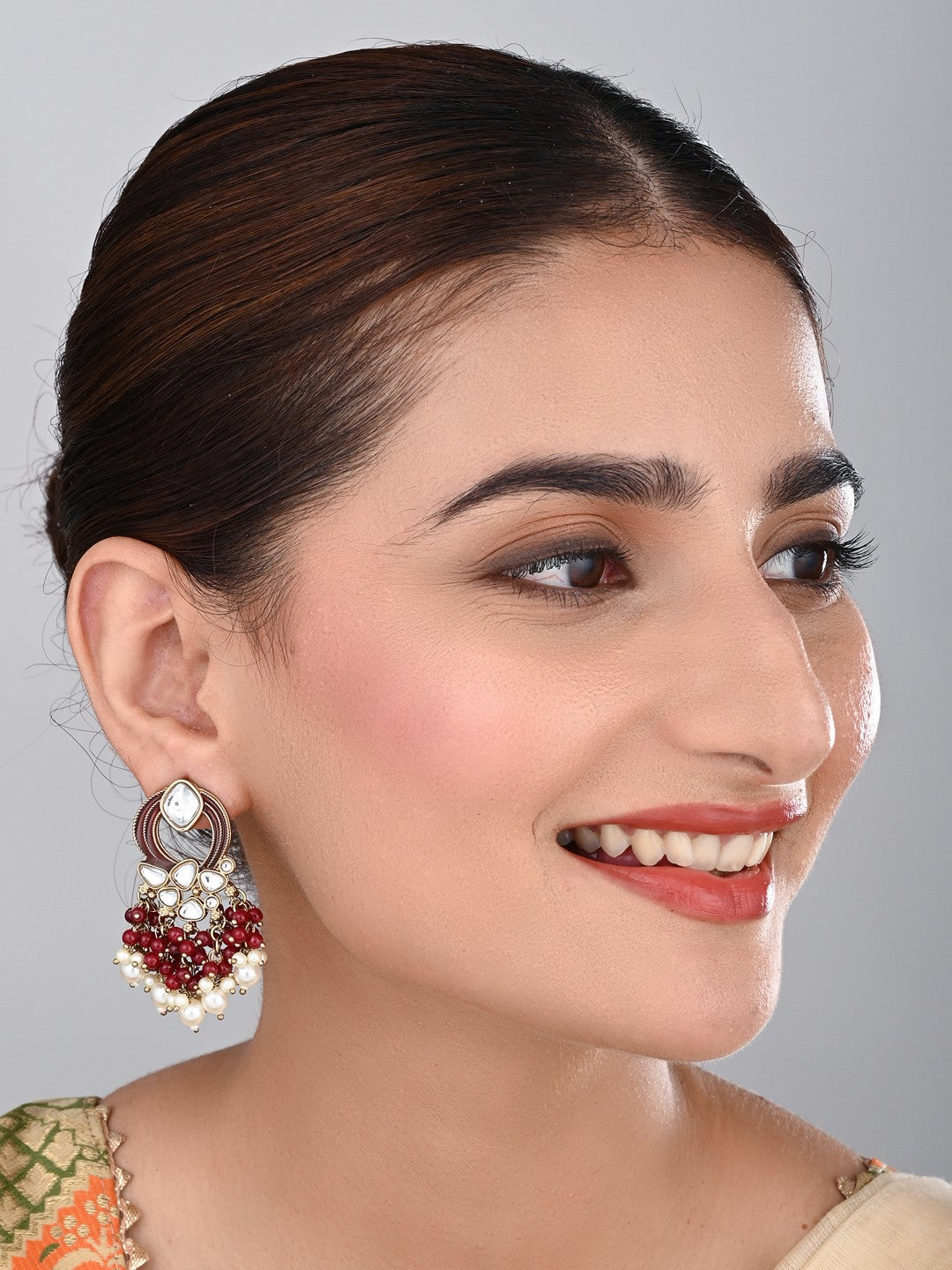 Gold-Plated Meenakari Stud Earrings with Kundan & Pearl Cluster drops - Red