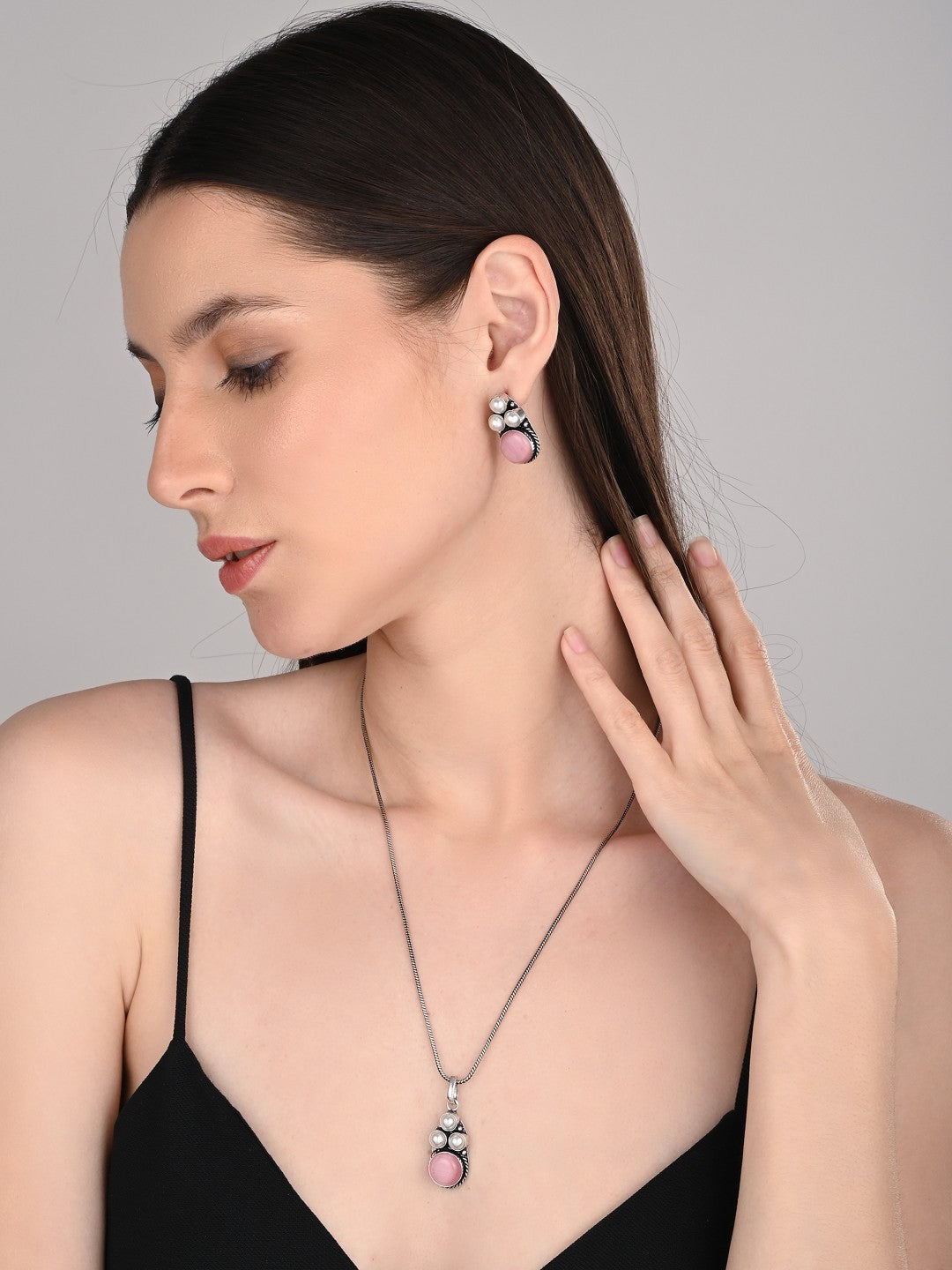 Silver Oxidised finish Pearl & Stone  pendant Set Pink