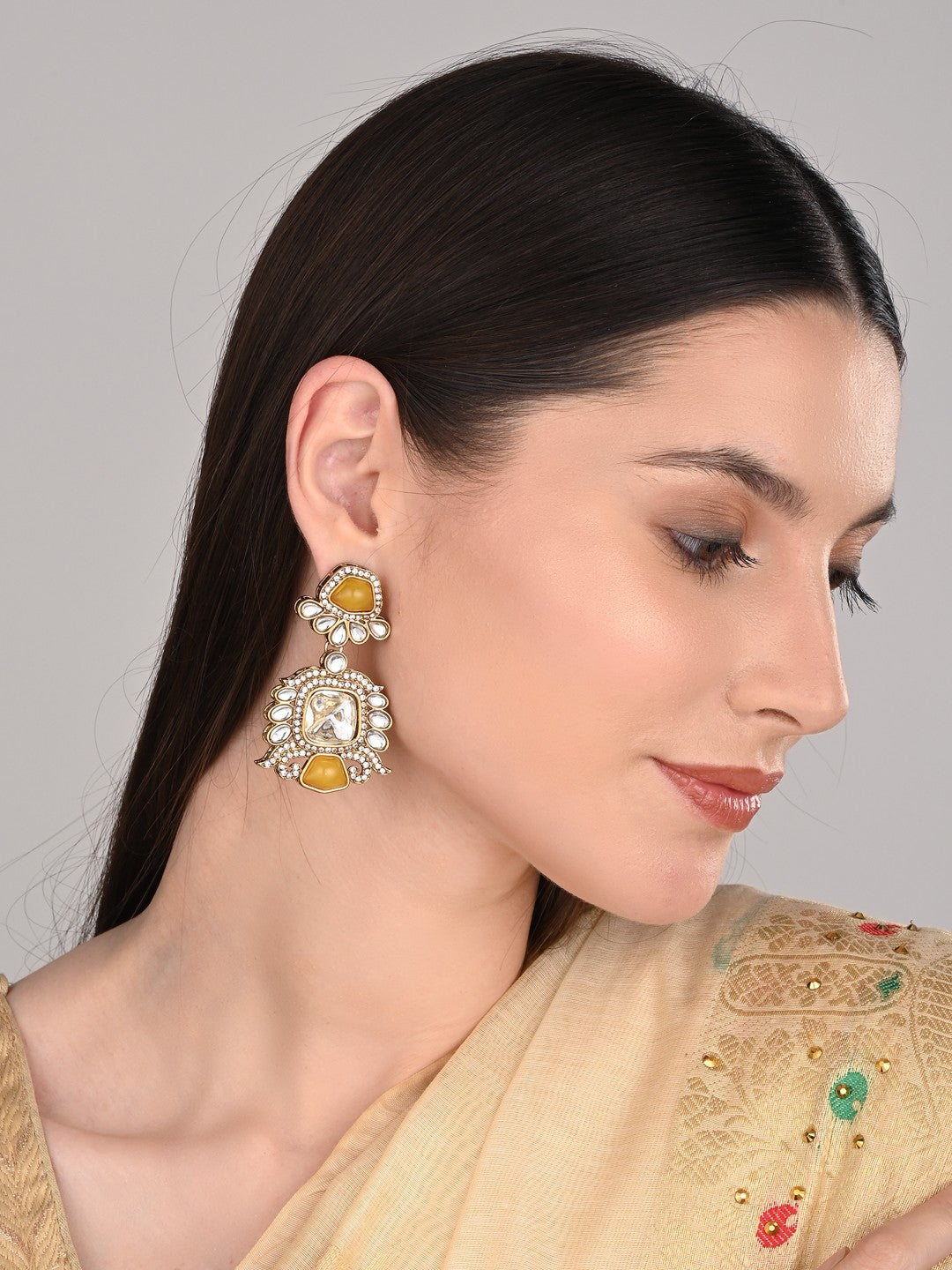 Gold plated kundan Drop Earrings Yellow