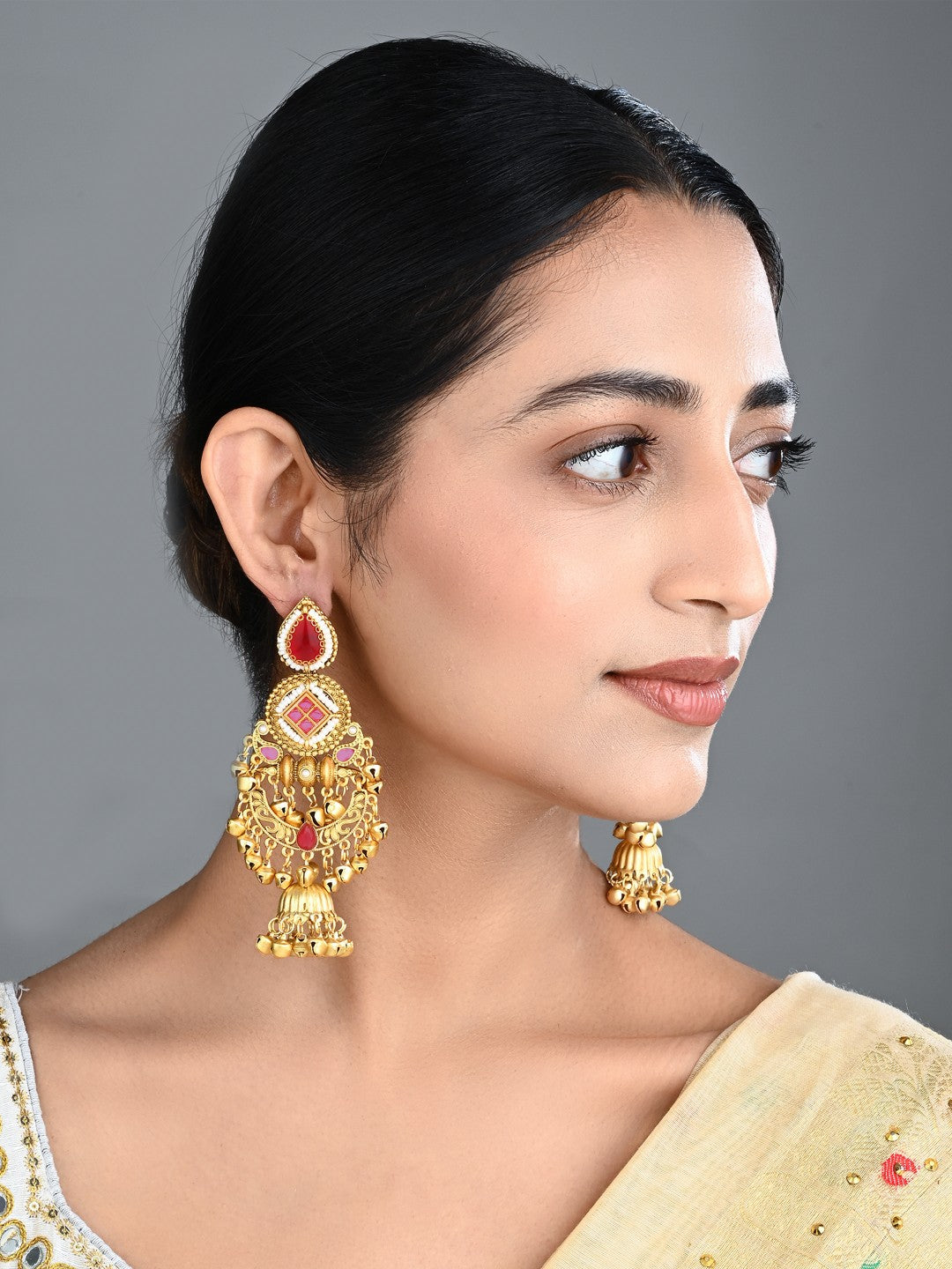 Kundan Chandbali Jhumka Earrings with Ghungroo Red
