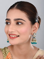 Gold plated Kundan & Meenakari Jhumka Earrings - Teal