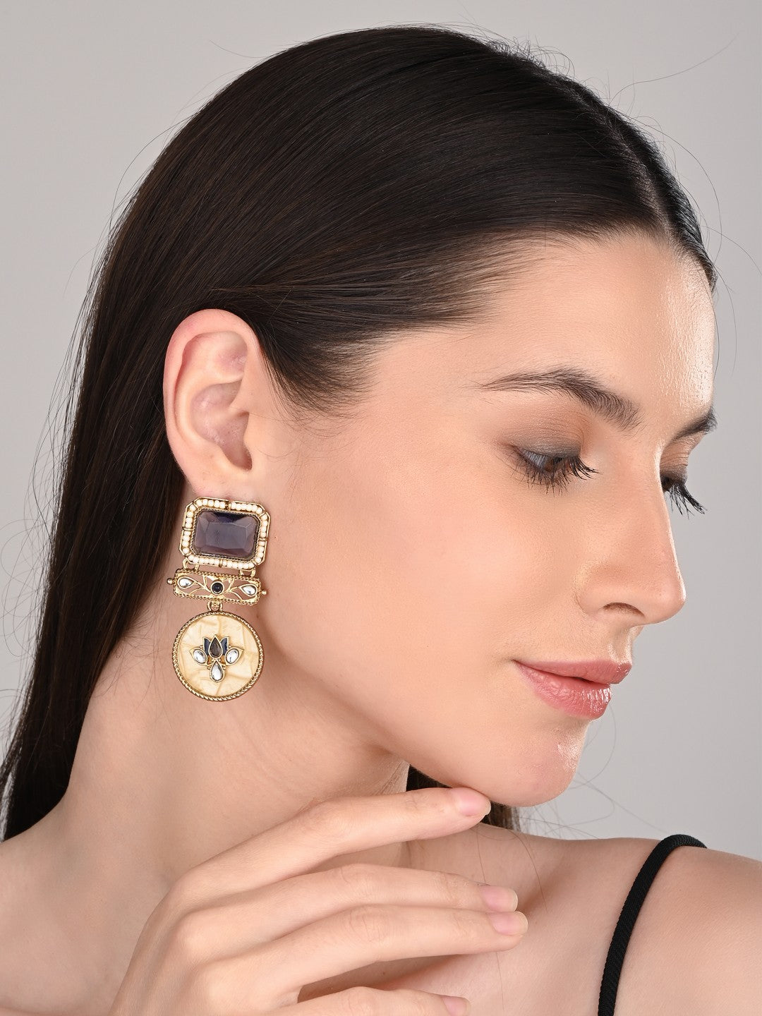 Gold-Plated Geometric Drop Earrings with MOP Filigree Blue
