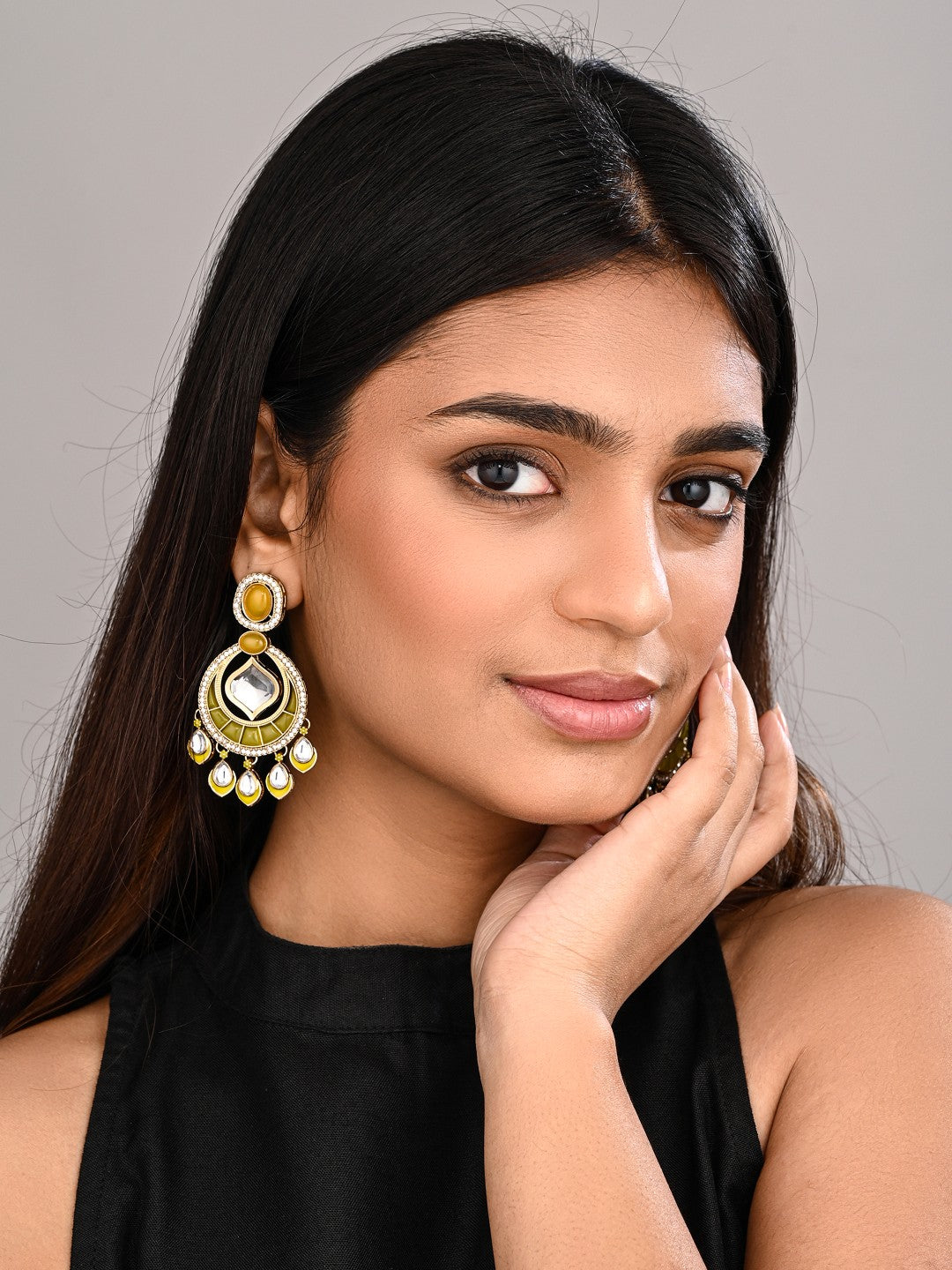 Kundan Chandbali Earrings with Teardrop Danglers- Yellow