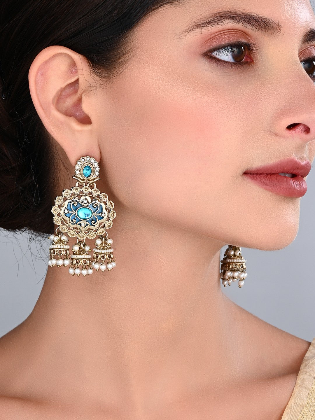 Gold-Toned Kundan Chandelier Earrings with Turquoise Stones