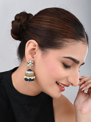 Gold plated Kundan & Meenakari Jhumka Earrings - Blue
