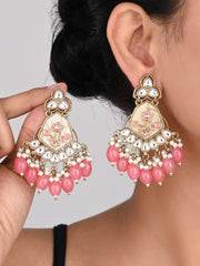 Contemporary kundan, MOP & Meenakari chandbali Earring - coral