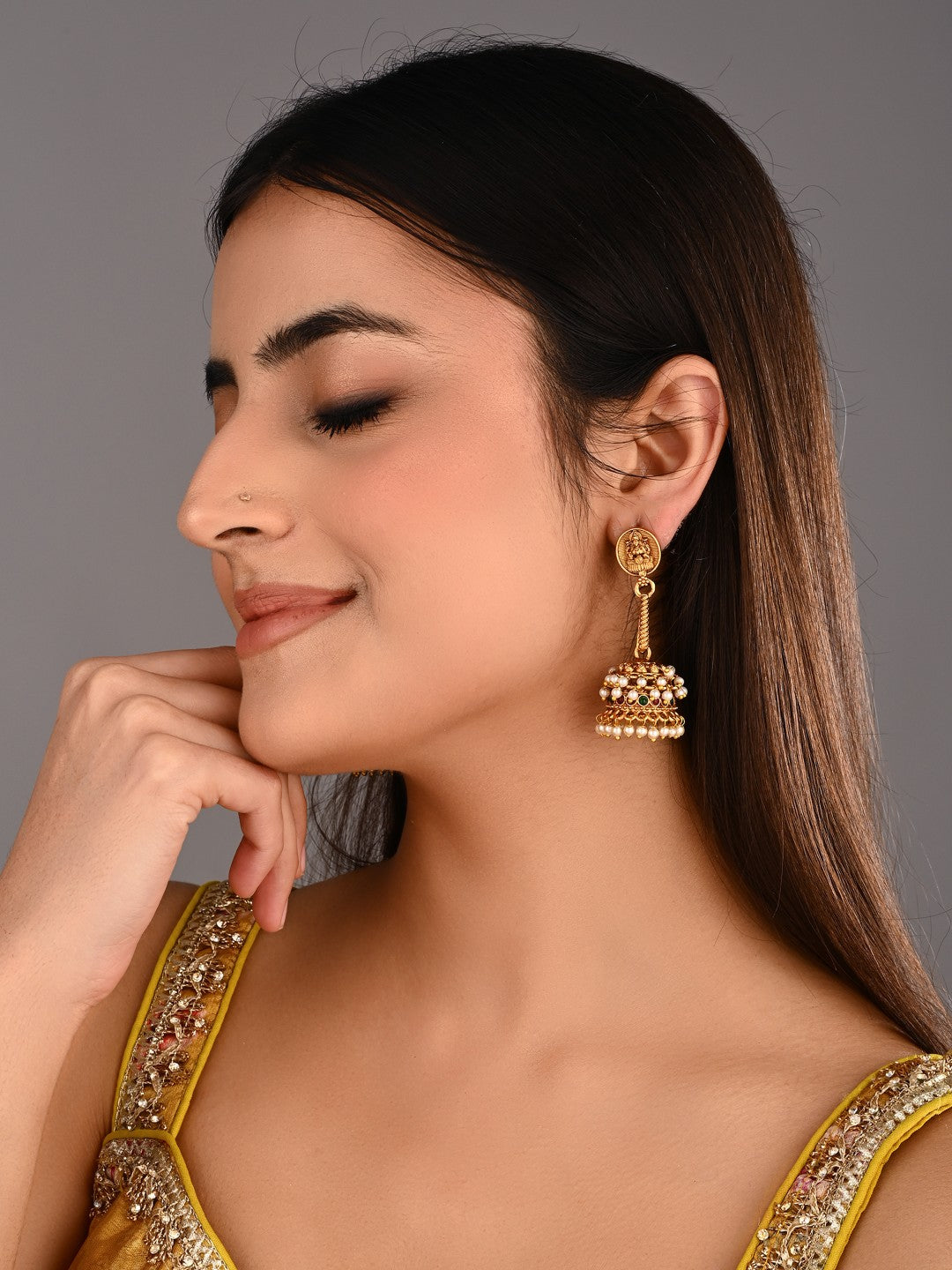 Lakshmi Motif Pearl Jhumka Earrings