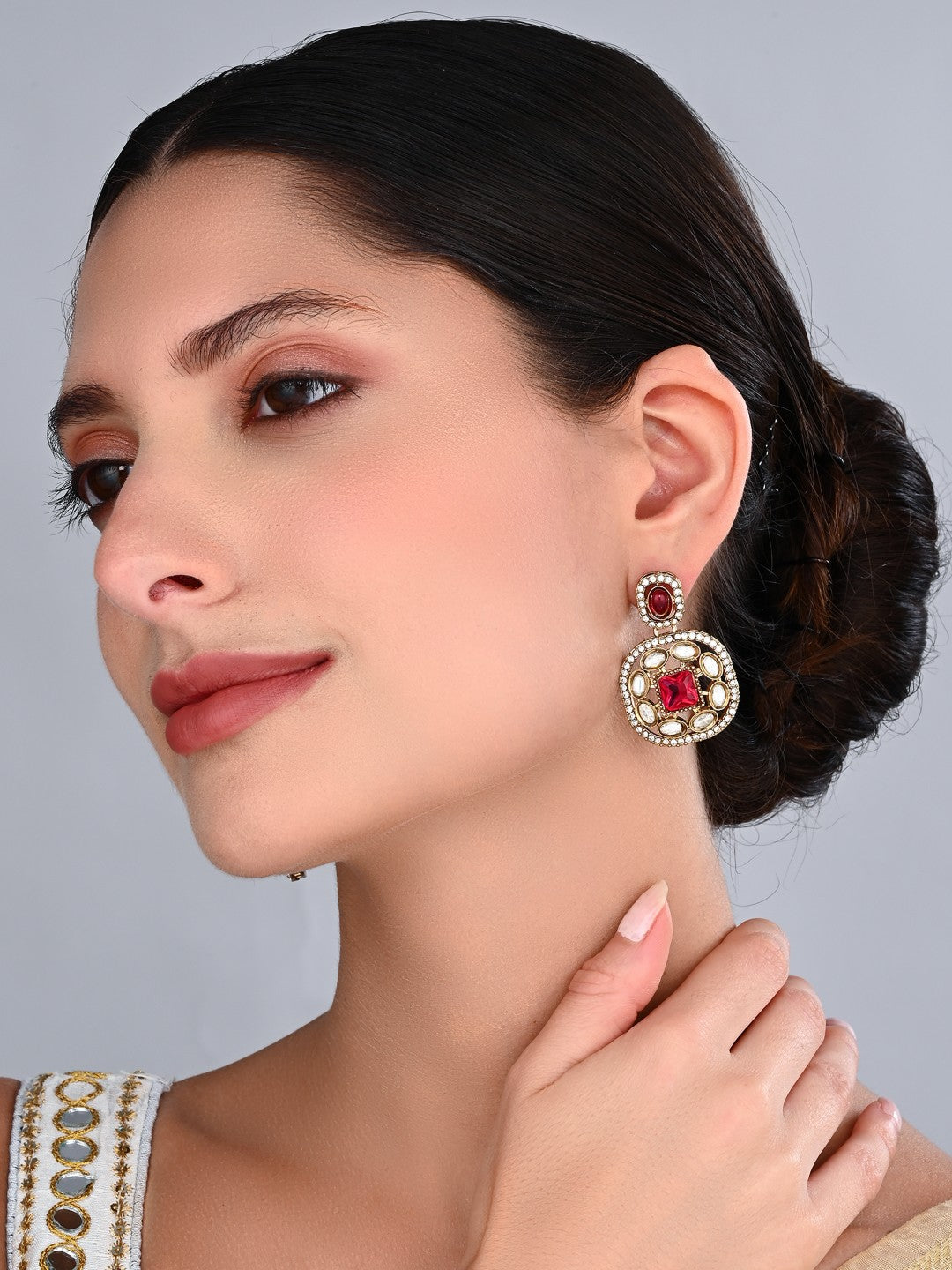 Kundan & Stone Embellished Statement Earrings Red