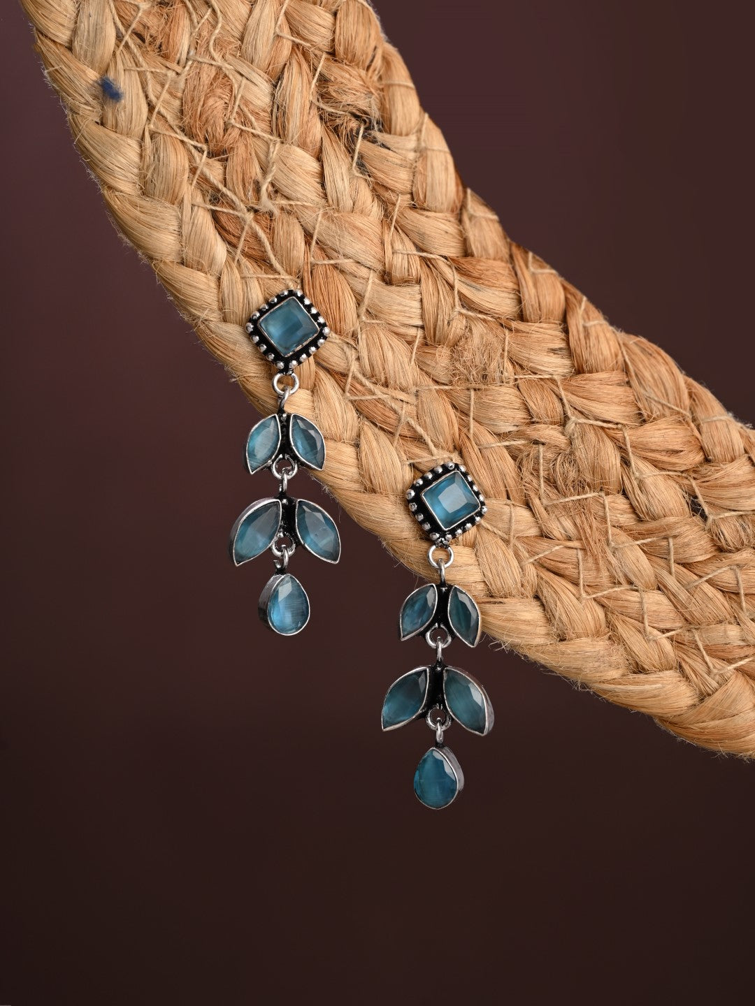 Silver Oxidized Leaf Drop Earrings Blue