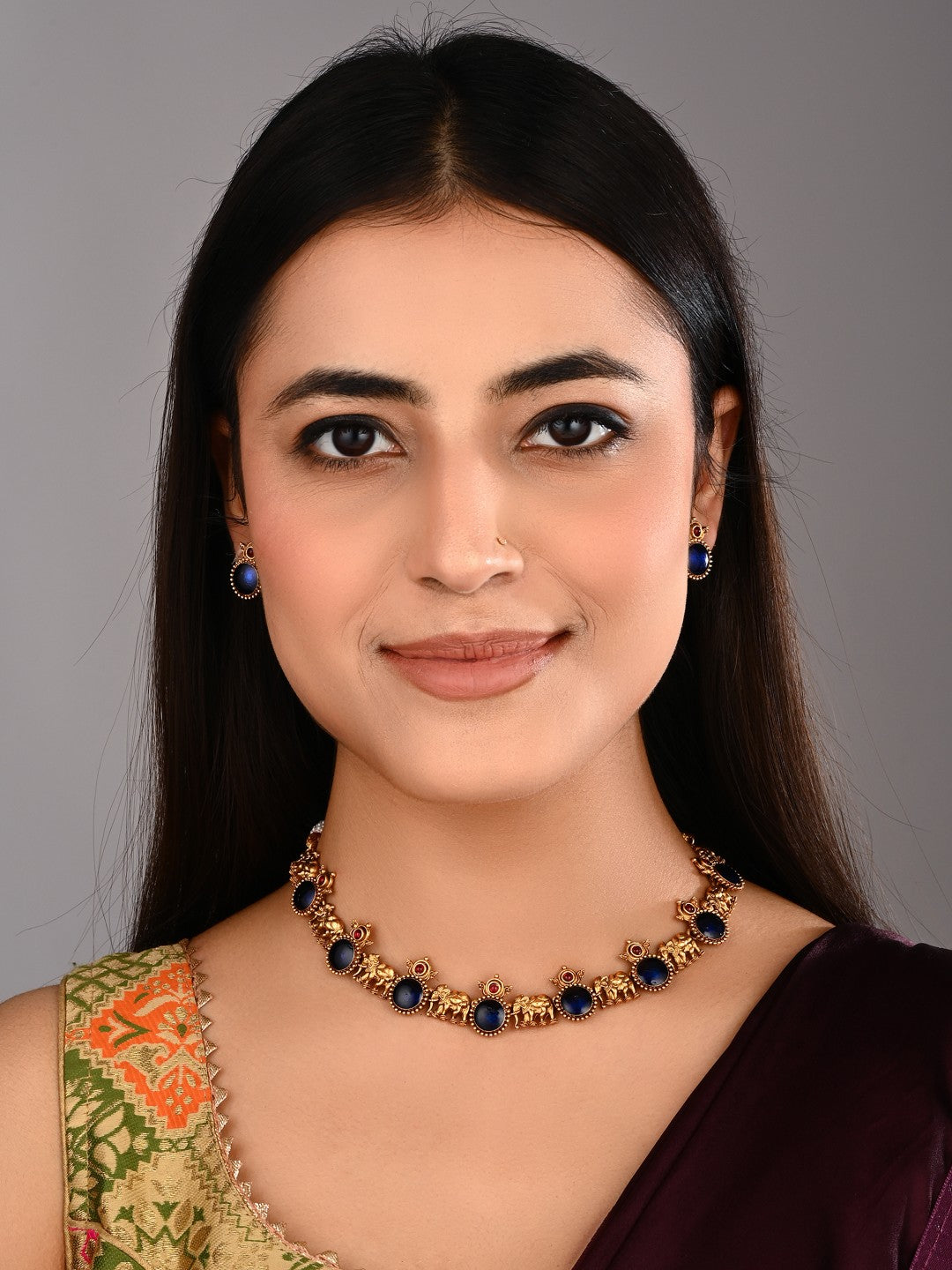 Gold plated Meenakari & Elephant Motif Necklace set - Blue