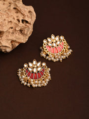 Gold-Plated Brass Half Moon Studs with Meenakari Red