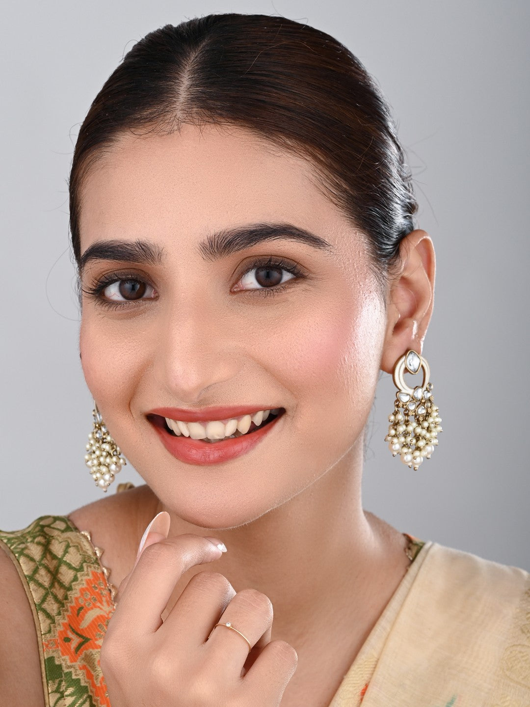 Gold-Plated Meenakari Stud Earrings with Kundan & Pearl Cluster drops - White