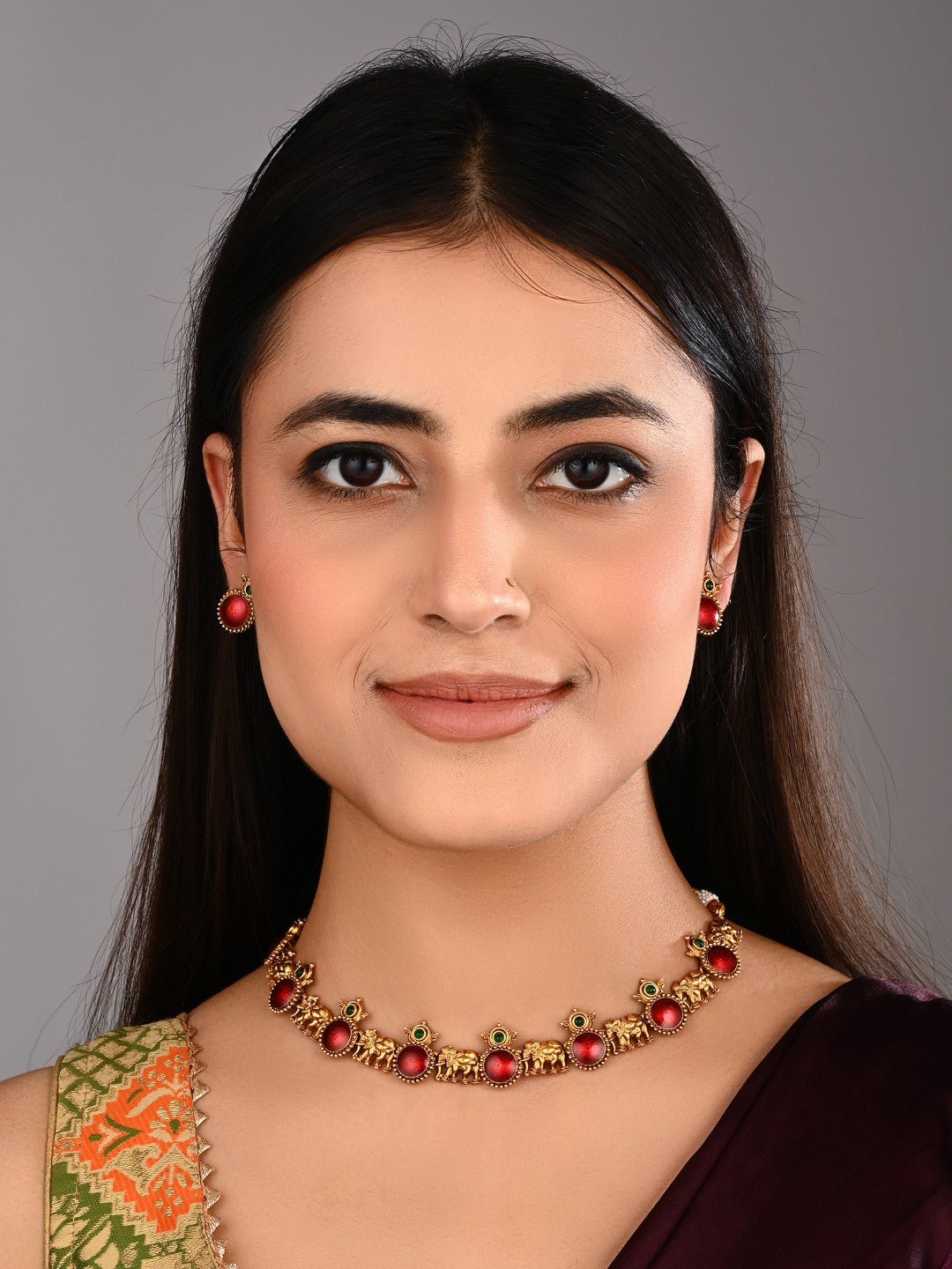 Gold plated Meenakari & Elephant Motif Necklace set - Red