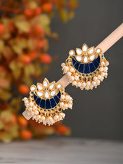Gold-Plated Brass Half Moon Studs with Meenakari Blue