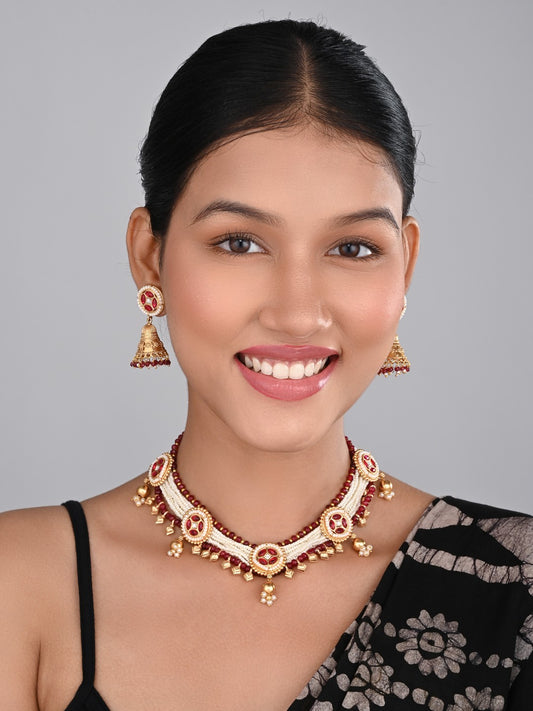 Gold plated, Brass Necklace & Earring Set - Red
