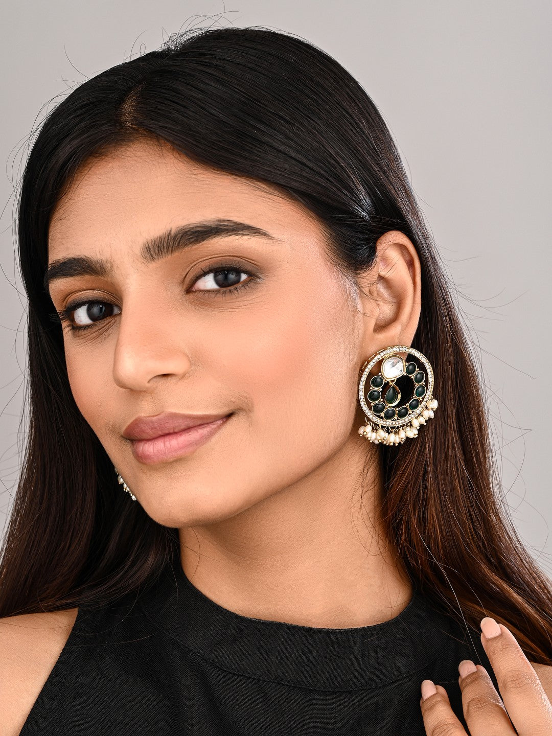 Regal Kundan Pearl Chandbali Earrings - Green