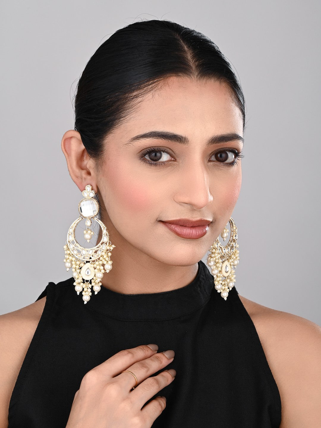 Kundan Pearl Chandbali Earrings Gold