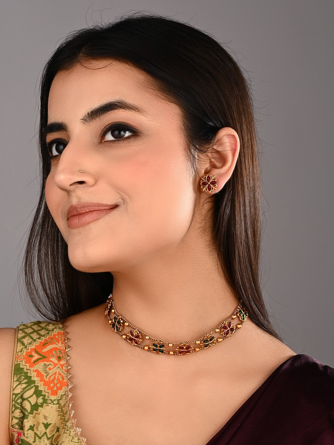 Gold plated floral Necklace set - Multi