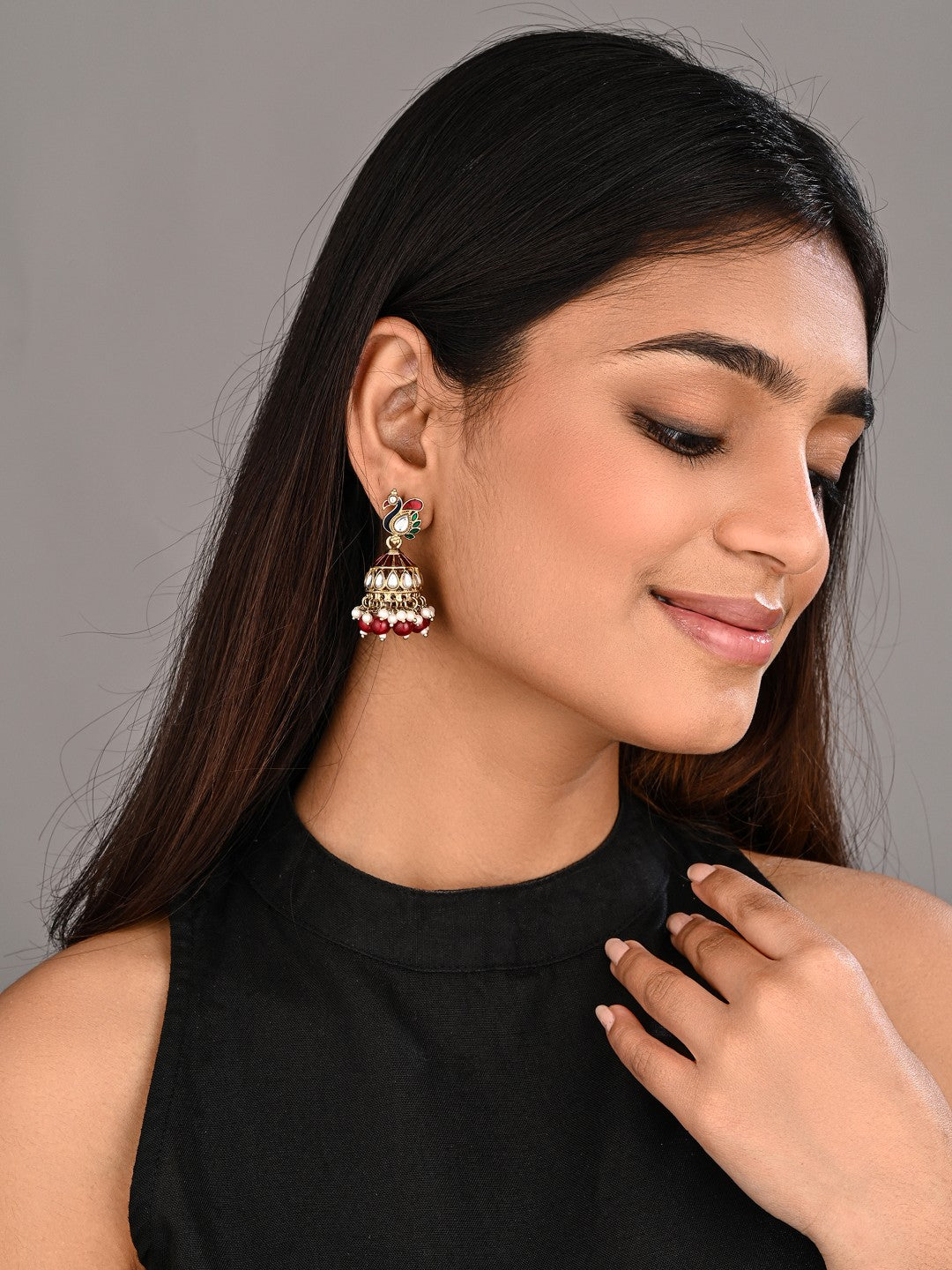 Peacock-inspired jhumka earrings- Red