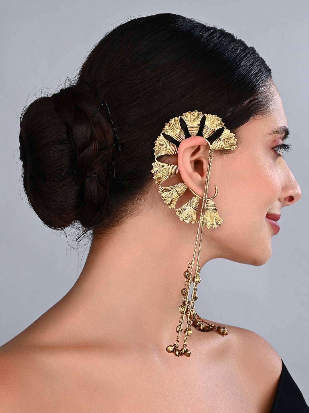 Ira Gold Floral Ear Cuff Chain Earrings