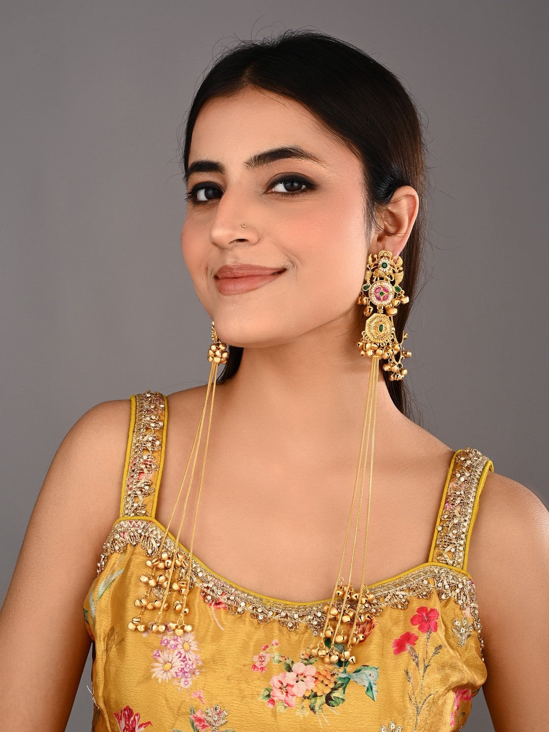 Gold-Tone Kundan &Green & Red Stone Kashmiri Long Chain Earrings