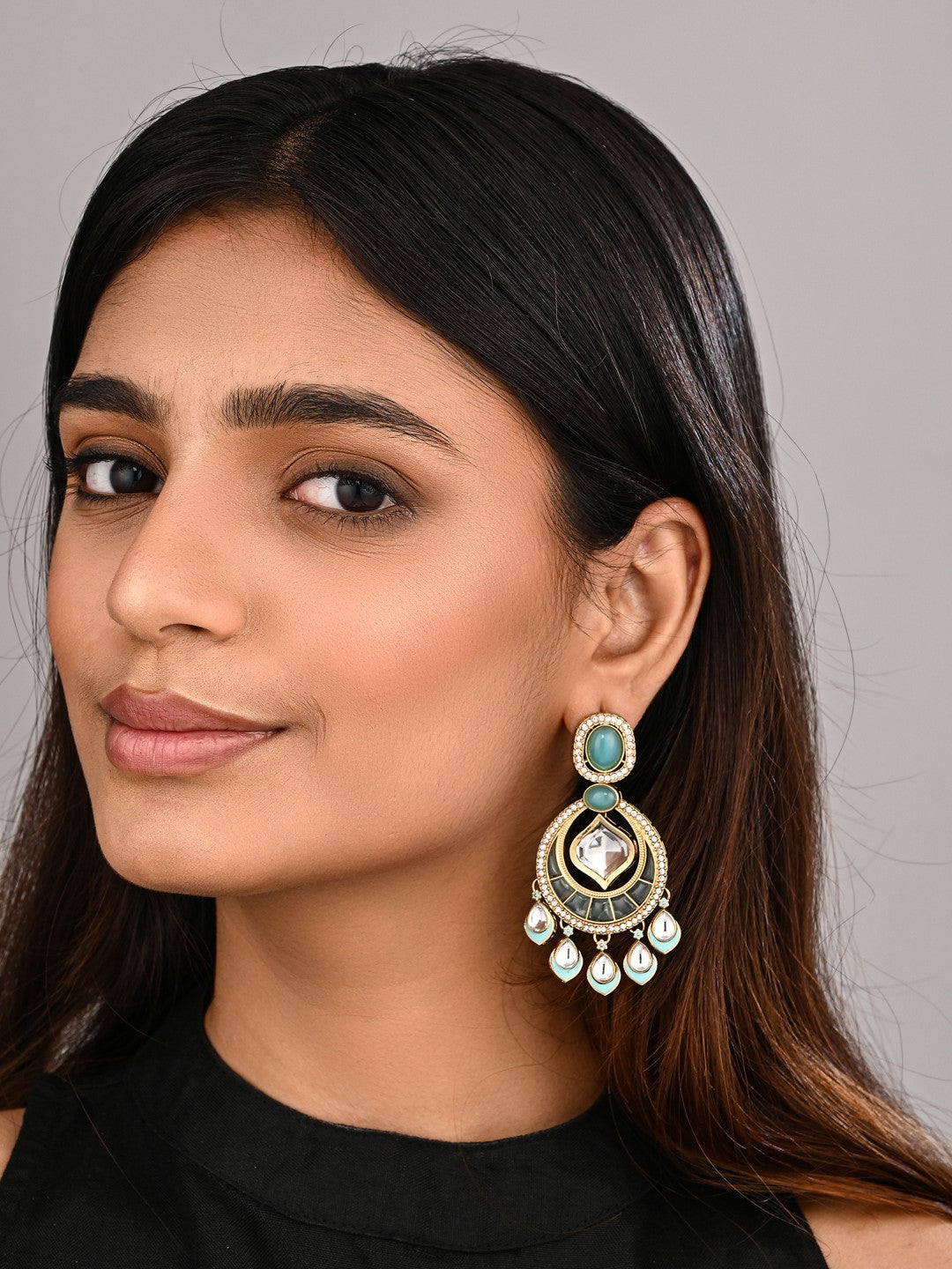 Kundan Chandbali Earrings with Teardrop Danglers- Blue