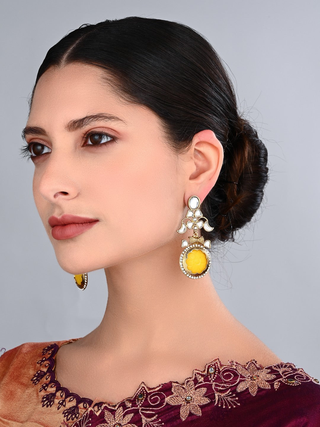 Aarna Yellow Floral Kundan Drop Earrings