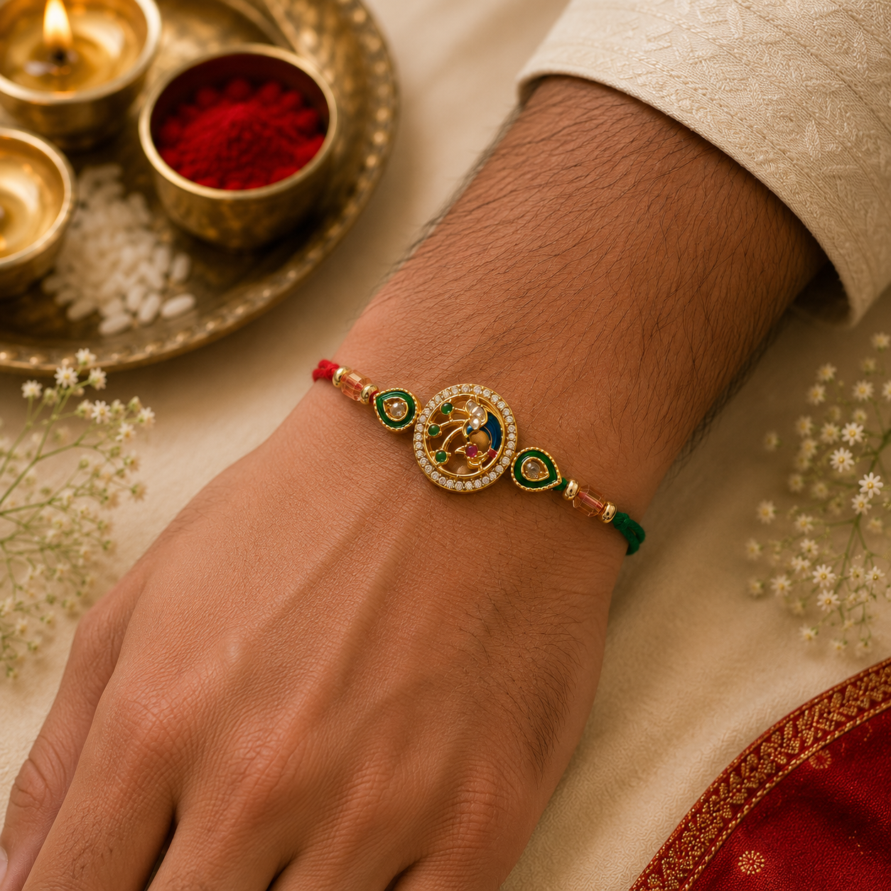 Peacock Kundan Rakhi with Green Stone Accents & Red-Green Thread
